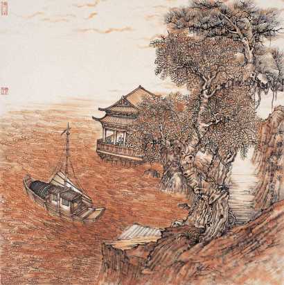 王一飞 丙戌（2006年）作  江楼弈棋图 镜心